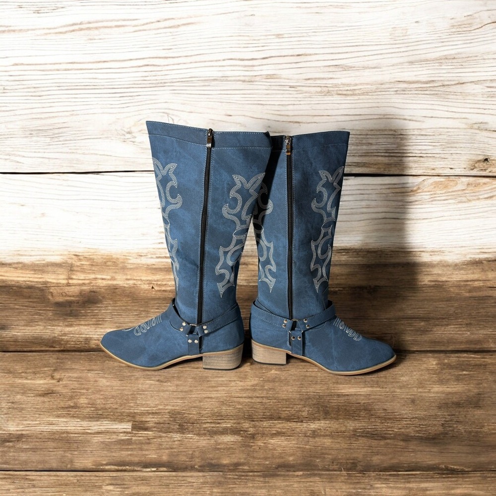 Women's Cowboy Western Jean Boots Heel Embroidery Retro Zipper Shoes Size 10 - Picture 5 of 7